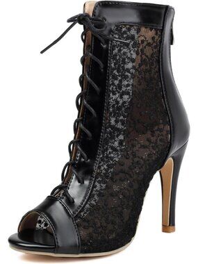 Women Black Lace Up Dance Heels Sparkle Sequin Mesh Peep Toe Stiletto Shoes